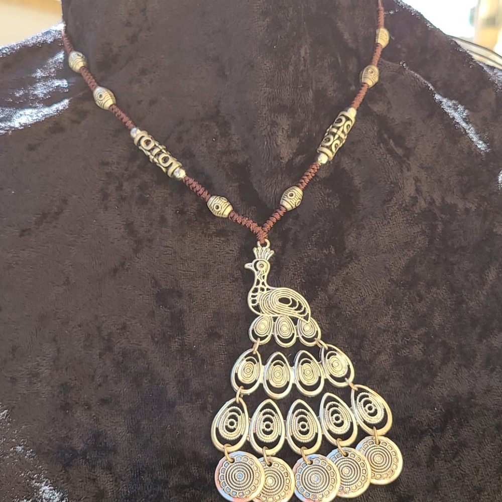 Silver Peacock Corded Necklace